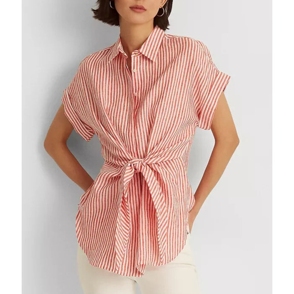 Lauren Ralph Lauren Tops - Lauren Ralph Lauren Striped Tie-Front Linen Shirt Red White Women's Plus Size 3X